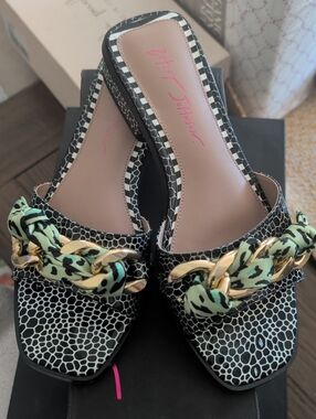 Betsey Johnson Black & Mint Chain-Accent Slide Mules